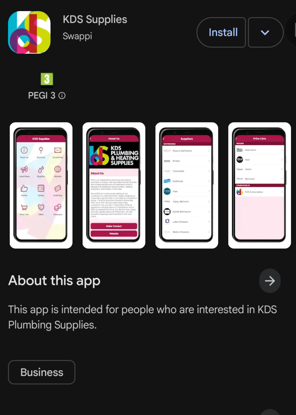 KDS Supplies app listing and interface screenshots